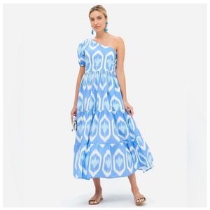 Oliphant Odisha One Shoulder Maxi Dress Ikat Print Puff Sleeve 100% Cotton Small